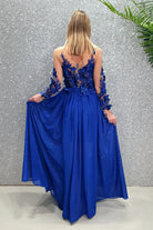 Abito lungo blu elettrico Moda-Mania con strascico, corpetto in tulle nude a fiori 3D, elegante e femminile.