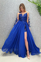 Abito lungo blu elettrico Axa di Moda-Mania con strascico, corpetto in tulle nude con fiori 3D, elegante e sofisticato