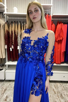 Abito lungo blu elettrico Moda-Mania con strascico e corpetto in tulle nude a fiori 3D, perfetto per occasioni eleganti.