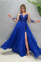 Abito lungo blu elettrico Moda-Mania con strascico e corpetto in tulle nude a fiori 3D, elegante e raffinato