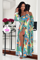 Abito lungo estivo Moda-Mania a stampa multicolore con spacco, maniche rimovibili e cintura elasticizzata, perfetto per la stagione calda.