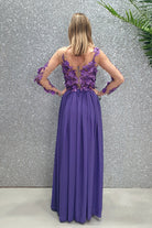 Abito lungo lilla Axa di Moda-Mania con strascico e corpetto in tulle nude a fiori 3D, elegante e sofisticato.