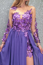 Abito lungo lilla Moda-Mania con strascico, corpetto in tulle nude a fiori 3D, elegante e femminile.