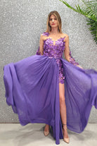 Abito lungo lilla Moda-Mania con strascico, corpetto in tulle nude a fiori 3D, elegante e femminile.