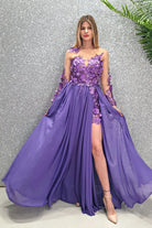 Abito lungo lilla Axa di Moda-Mania con strascico e corpetto in tulle nude con fiori 3D, perfetto per occasioni eleganti.