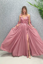 Abito lungo rosa scuro Axa Moda-Mania con strascico, corpetto in tulle nude a fiori 3D, elegante e raffinato.