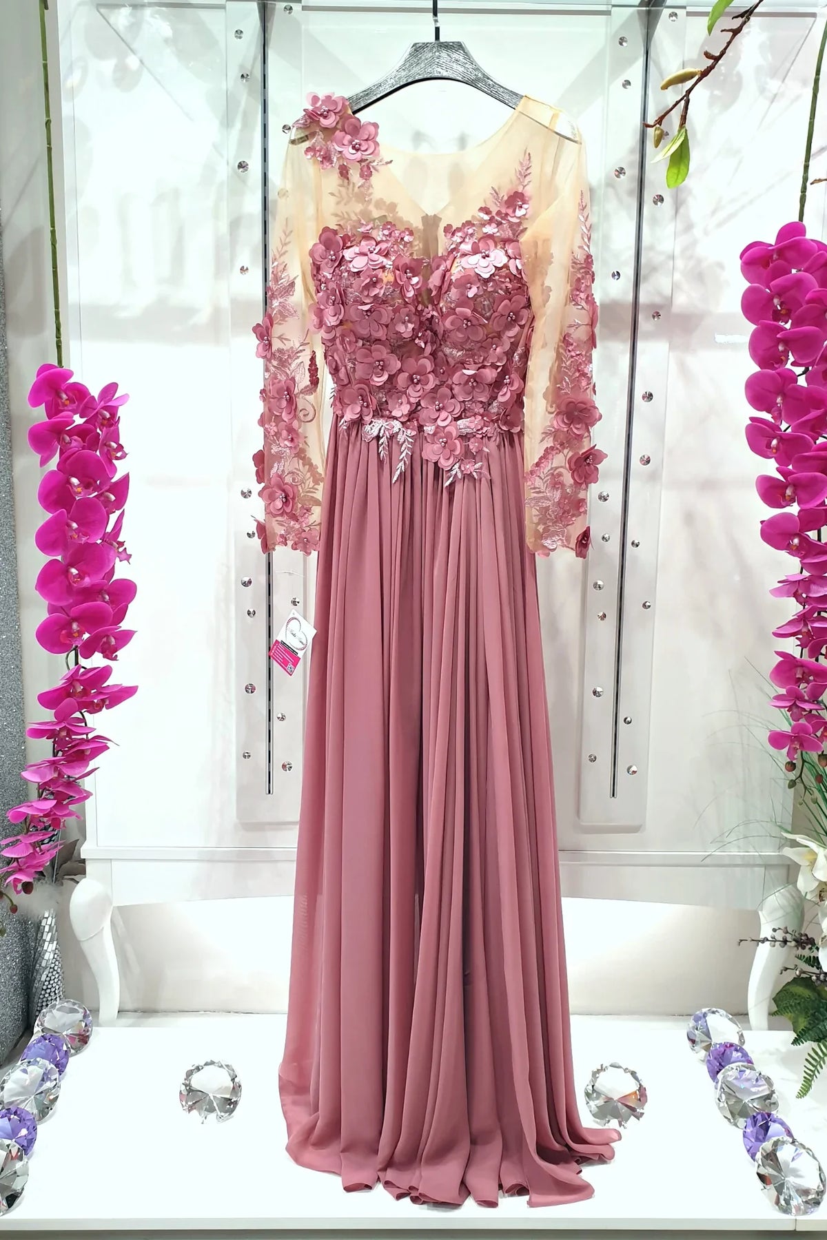 Abito lungo rosa scuro Moda-Mania con strascico, corpetto in tulle nude con fiori 3D, elegante abito da sera femminile.