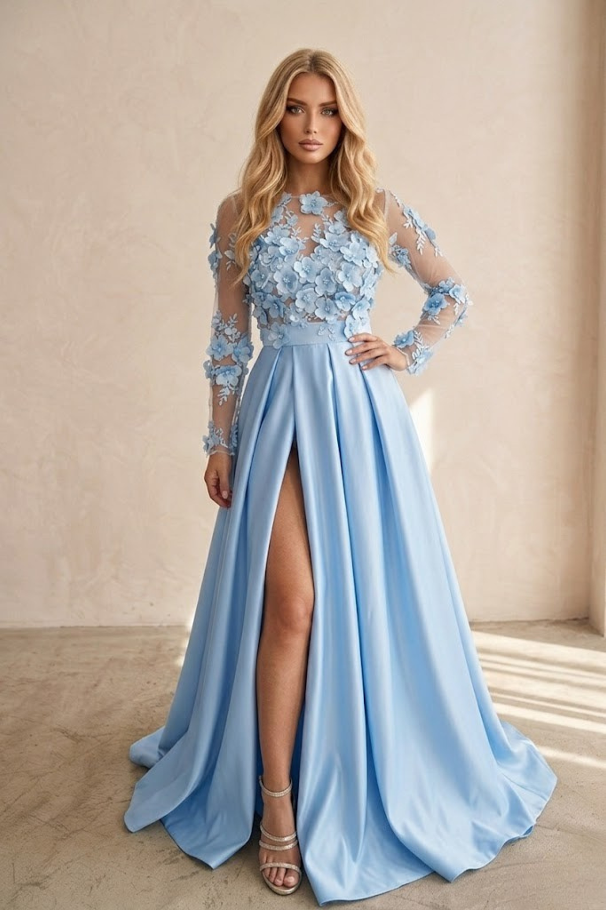Abito lungo svasato celeste Moda-Mania con maniche lunghe, corpetto in tulle floreale 3D e gonna in taffetà elegante.
