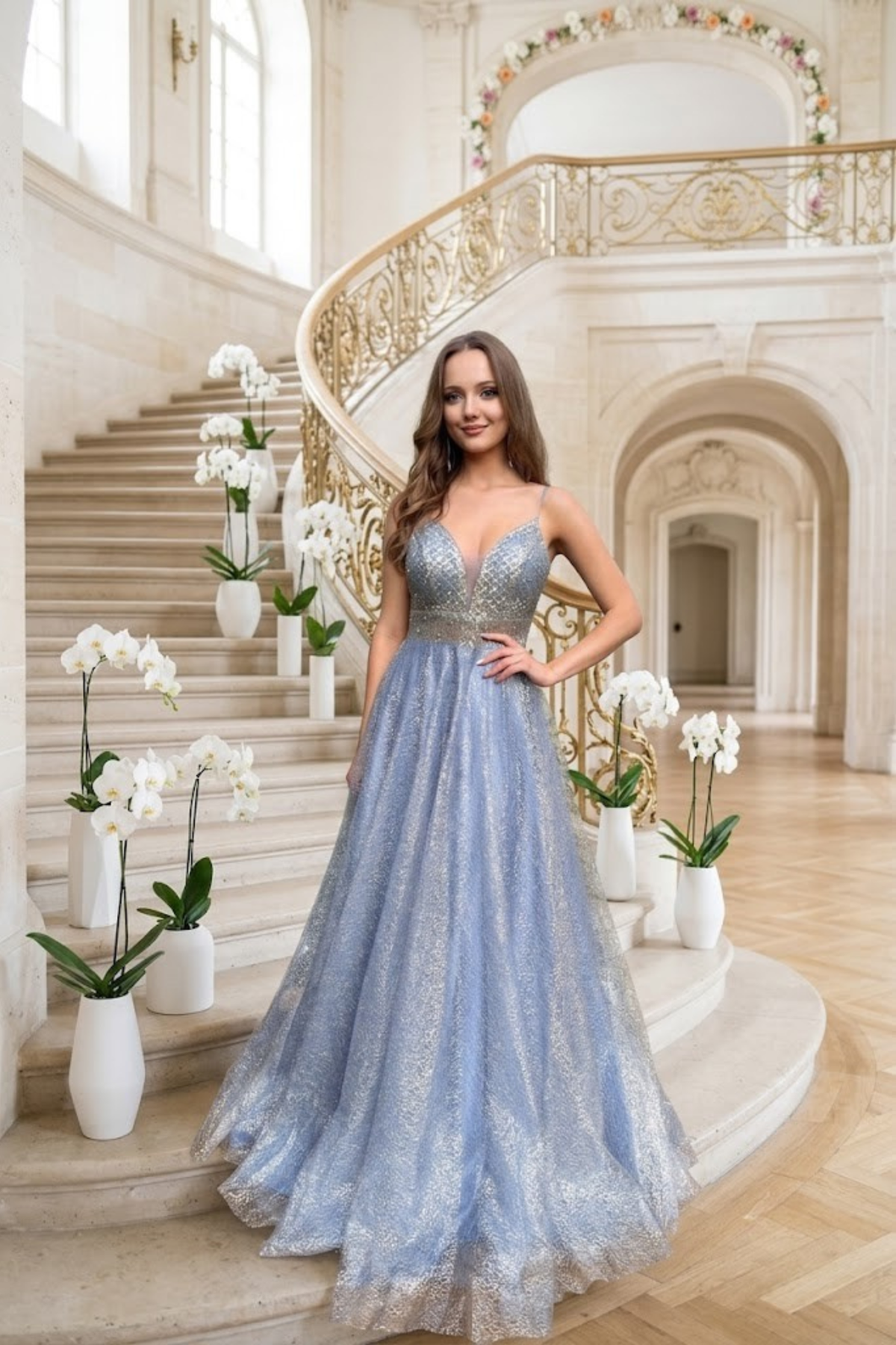Abito lungo svasato celeste e oro di Moda-Mania con corpetto in tulle a rette e gonna in tulle glitterato dorato.
