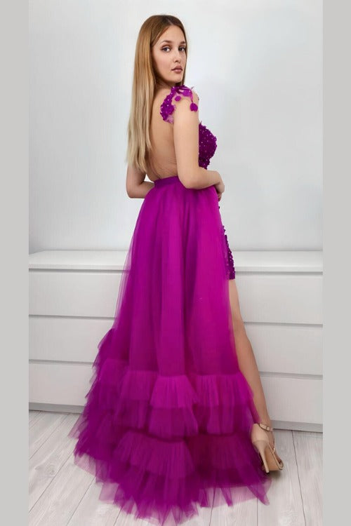 Abito lungo svasato magenta Moda-Mania con gonna in tulle e corpetto a fiori 3D, elegante e femminile.