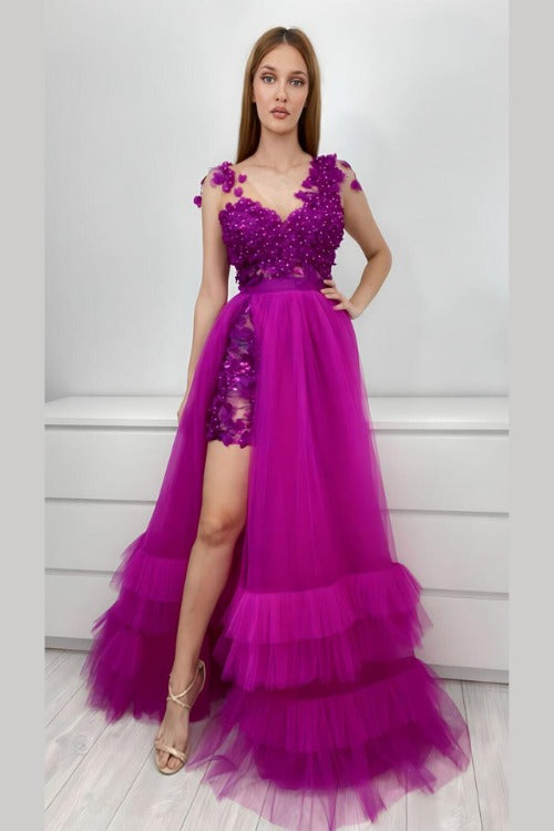 Abito lungo svasato magenta Moda-Mania con gonna in tulle e corpetto a fiori 3D, perfetto per occasioni eleganti.