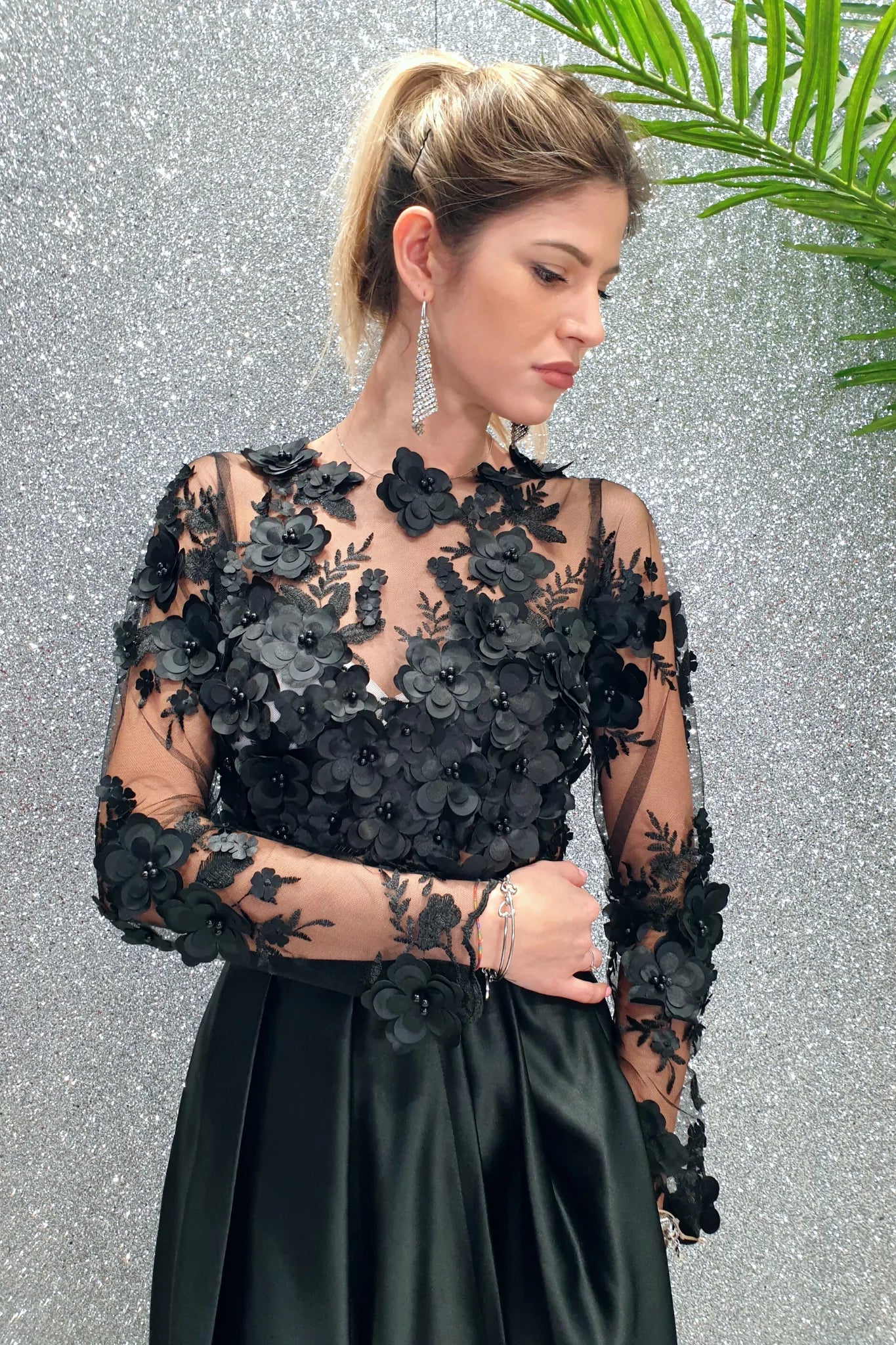 Gonna Vestito Nero Con Tulle Abito Elegante Manica Lunga Da Gonna