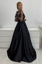 Abito lungo svasato nero Moda-Mania con corpetto in tulle floreale 3D e gonna in taffetà, maniche lunghe elegante e raffinato