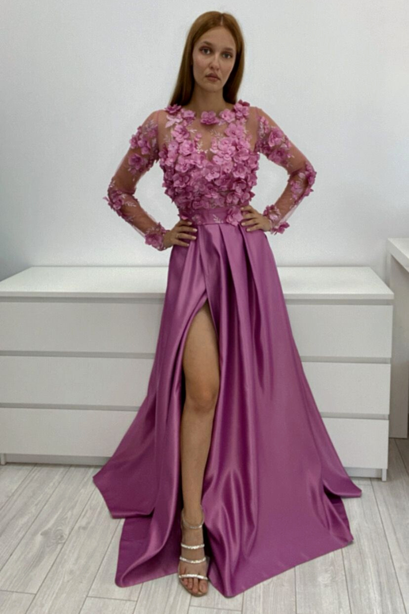 Manica Lunga Da Gonna Lunga A Vestito Abito Lungo Svasato Rosa