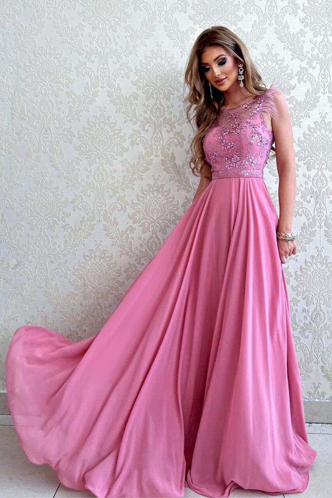 Abito lungo svasato rosa scuro con corpetto floreale glitterato e