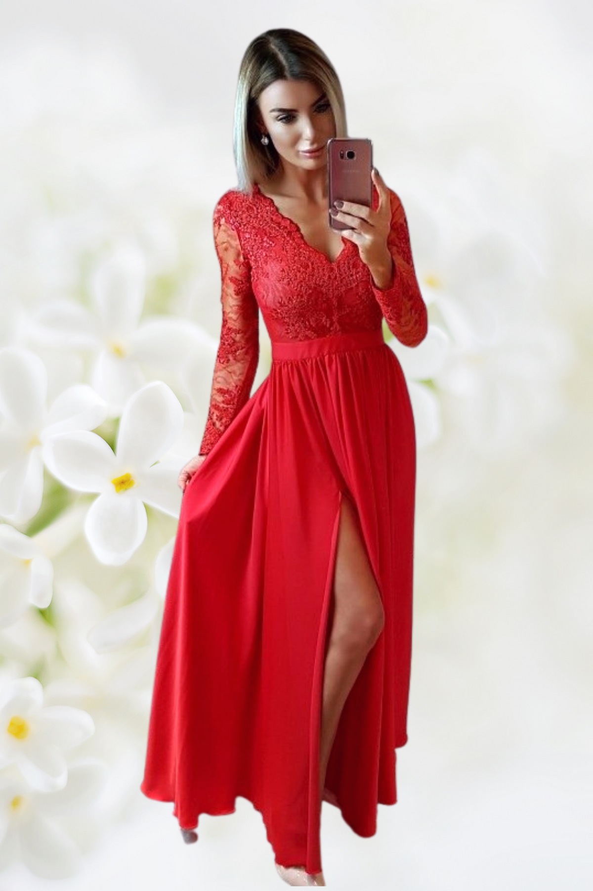 Abito lungo svasato rosso con spacco laterale e corpetto in tulle ricamato, Moda-Mania, elegante e femminile.