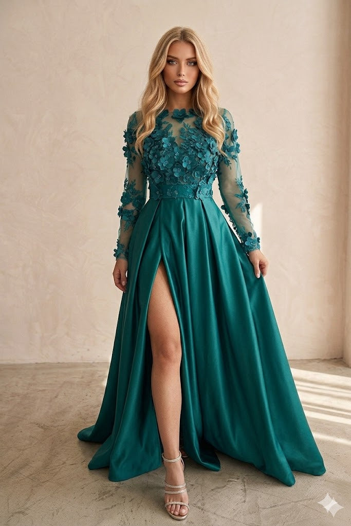 Abito lungo svasato verde smeraldo Moda-Mania con maniche lunghe, corpetto in tulle floreale 3D e gonna in taffetà elegante.
