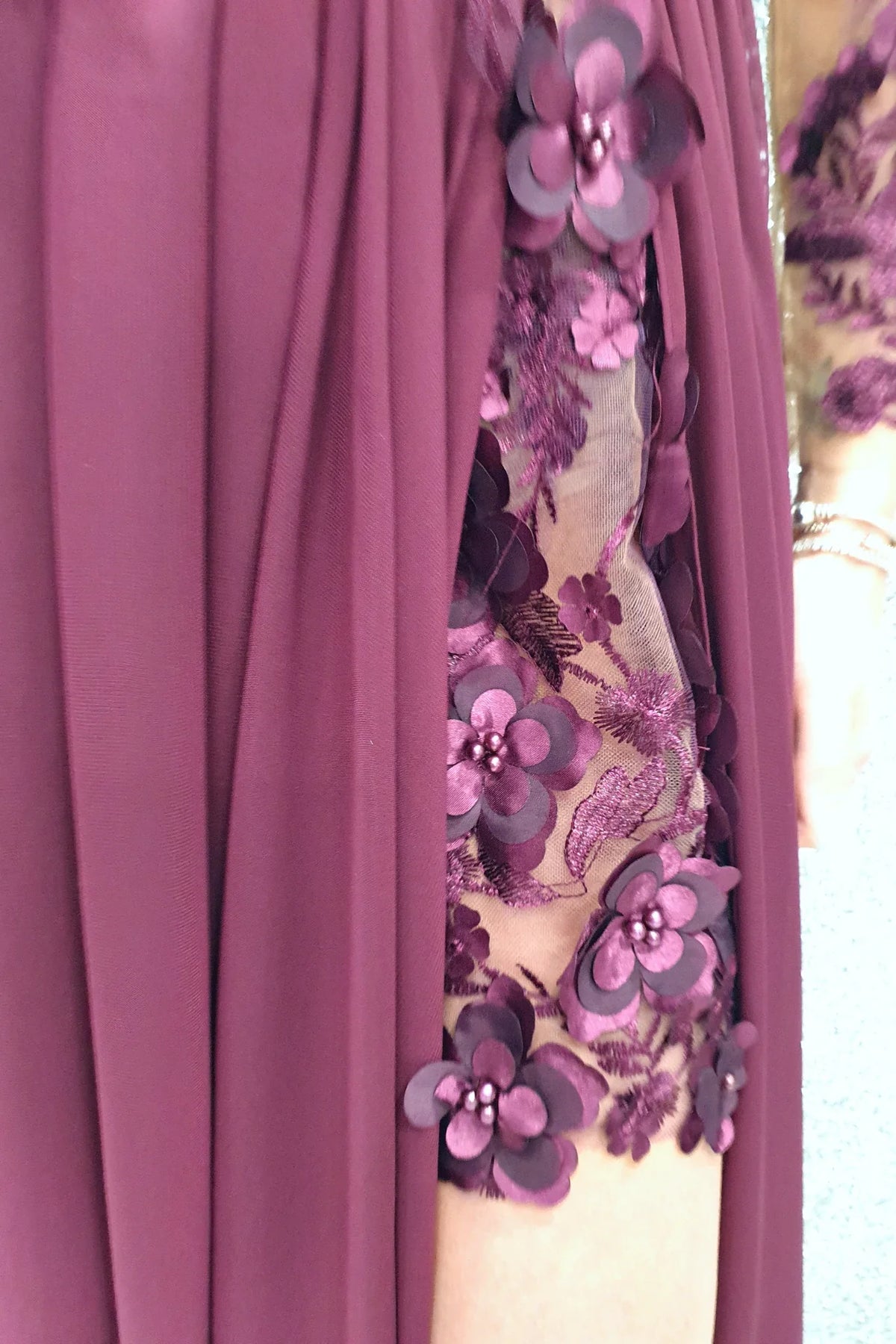 Abito lungo viola prugna Axa con strascico e corpetto in tulle nude a fiori 3D, abiti eleganti Moda-Mania