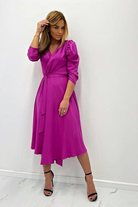 Abito lungo magenta svasato midi con maniche a sbuffo, allacciabile in vita e spacco laterale, Moda-Mania