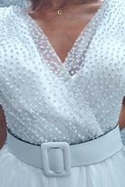 Abito princess bianco in tulle con corpetto a pois glitterati e cintura regolabile, abiti corti di Moda-Mania.