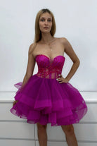 Abito princess magenta con corpetto a cuore regolabile e gonna in tulle a strati, vestito corto di Moda-Mania.
