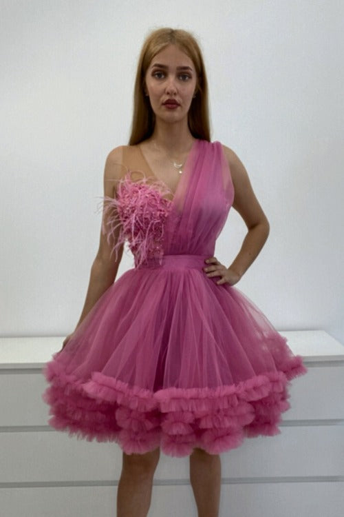 Abito princess rosa scuro in tulle con corpetto a fiori 3D e piume decorative, abiti corti di Moda-Mania.