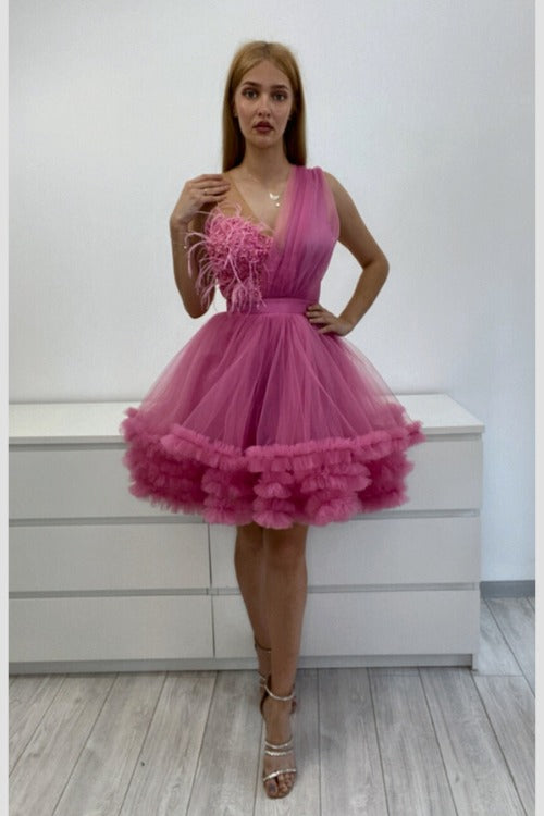 Abito princess rosa scuro in tulle con corpetto a fiori 3D e piume decorative, abiti corti moda-mania.