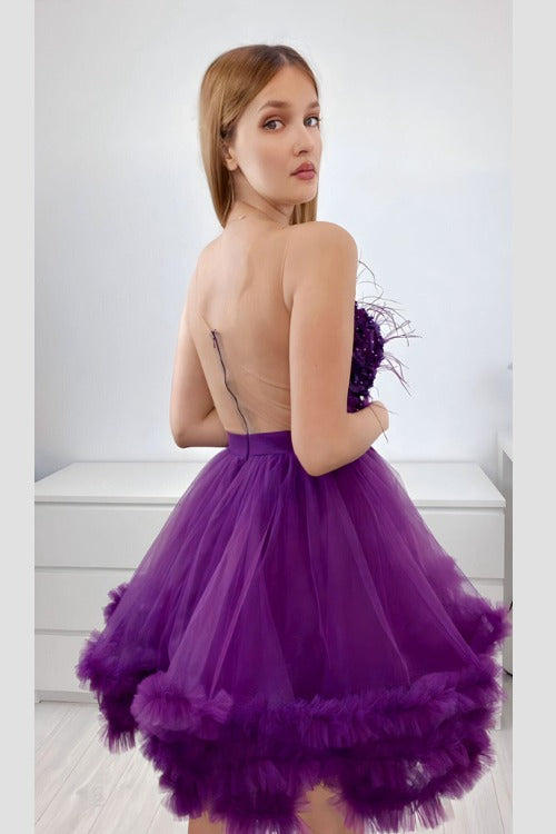 Abito princess viola prugna in tulle con corpetto a fiori 3D e piume decorative, abiti corti Moda-Mania.