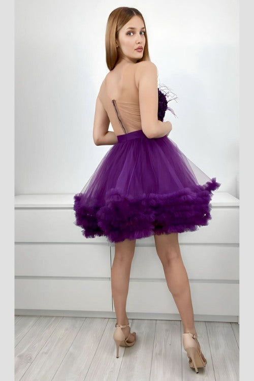 Abito princess viola prugna in tulle con corpetto a fiori 3D e piume decorative, abiti corti Moda-Mania.