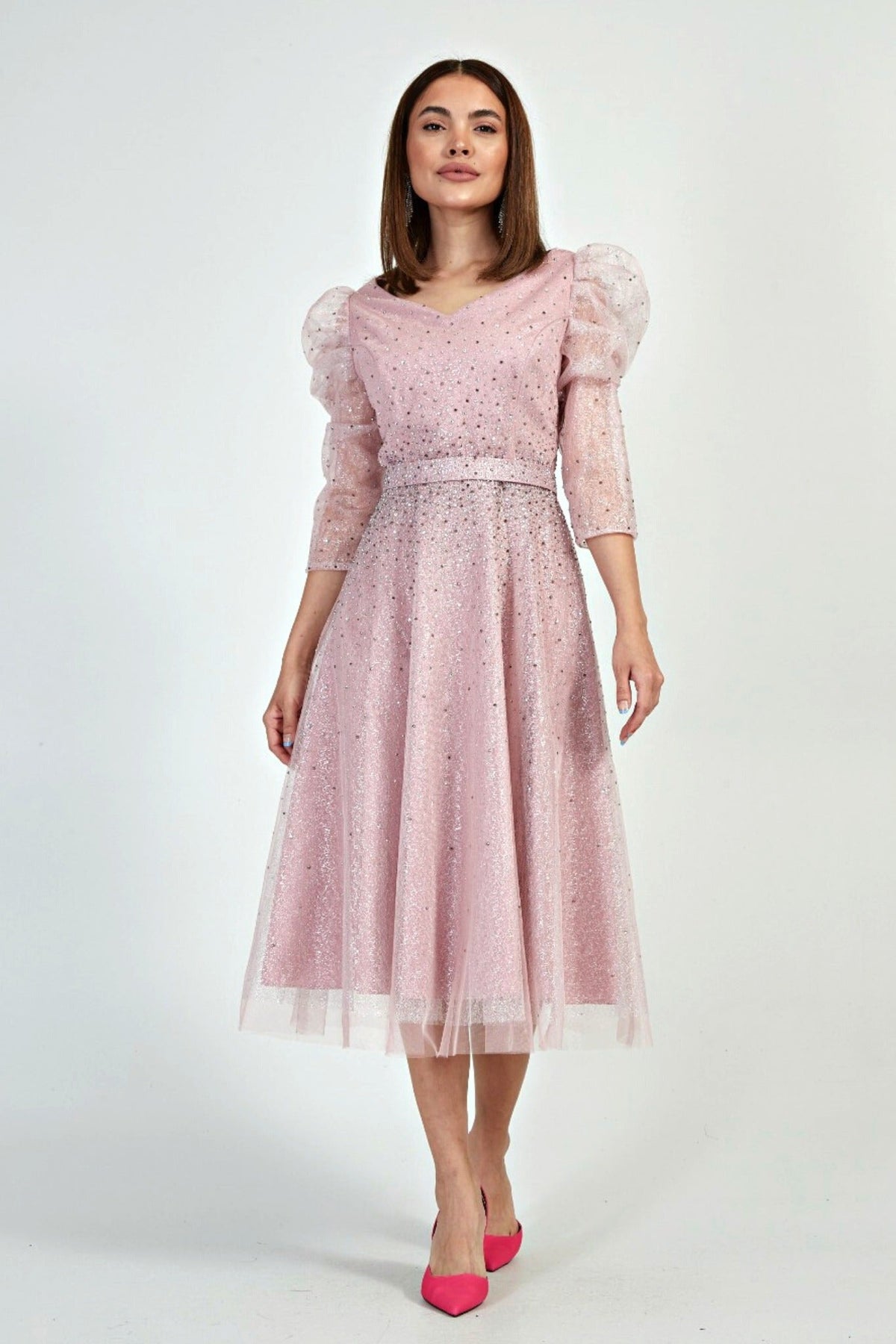 Abito midi rosa da cerimonia in tulle, lamè e chiffon con brillantini, vestito elegante di Moda-Mania.