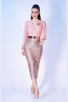 Abito rosa midi Moda-Mania con corpetto in georgette, gonna in paillettes e cintura, abiti corti eleganti e femminili