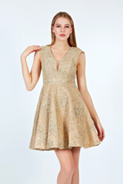 Abito svasato con scollo a V in tessuto beige scuro con stampa glitterata dorata, abiti corti firmati Moda-Mania