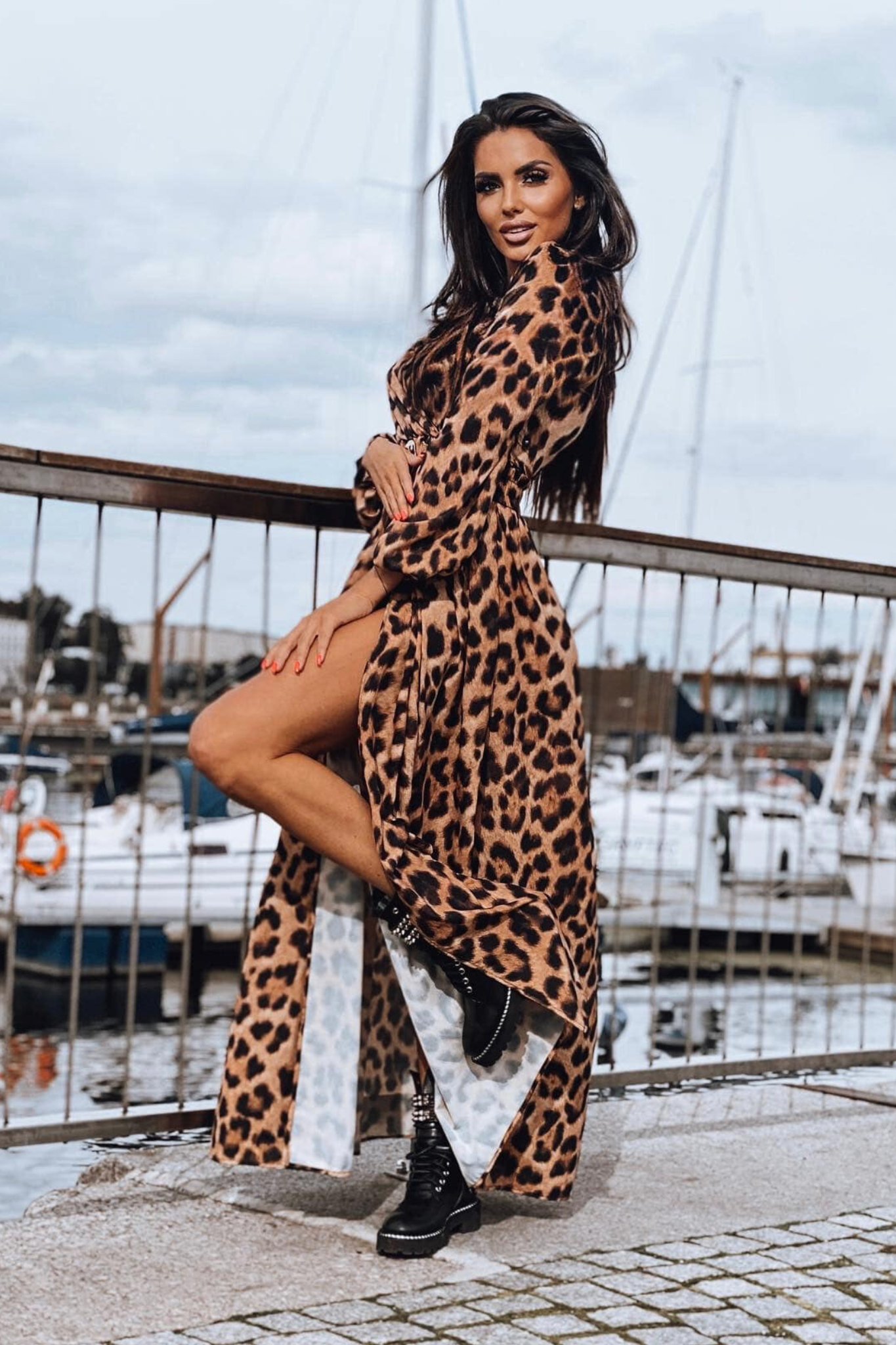 Vestito Lungo Vestito Leopardato Bianco E Nero Abito Svasato Lungo