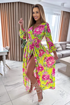 Abito lungo svasato giallo a stampa floreale con spacco e cintura elasticizzata, moda-mania, abiti lunghi elegante e femminile