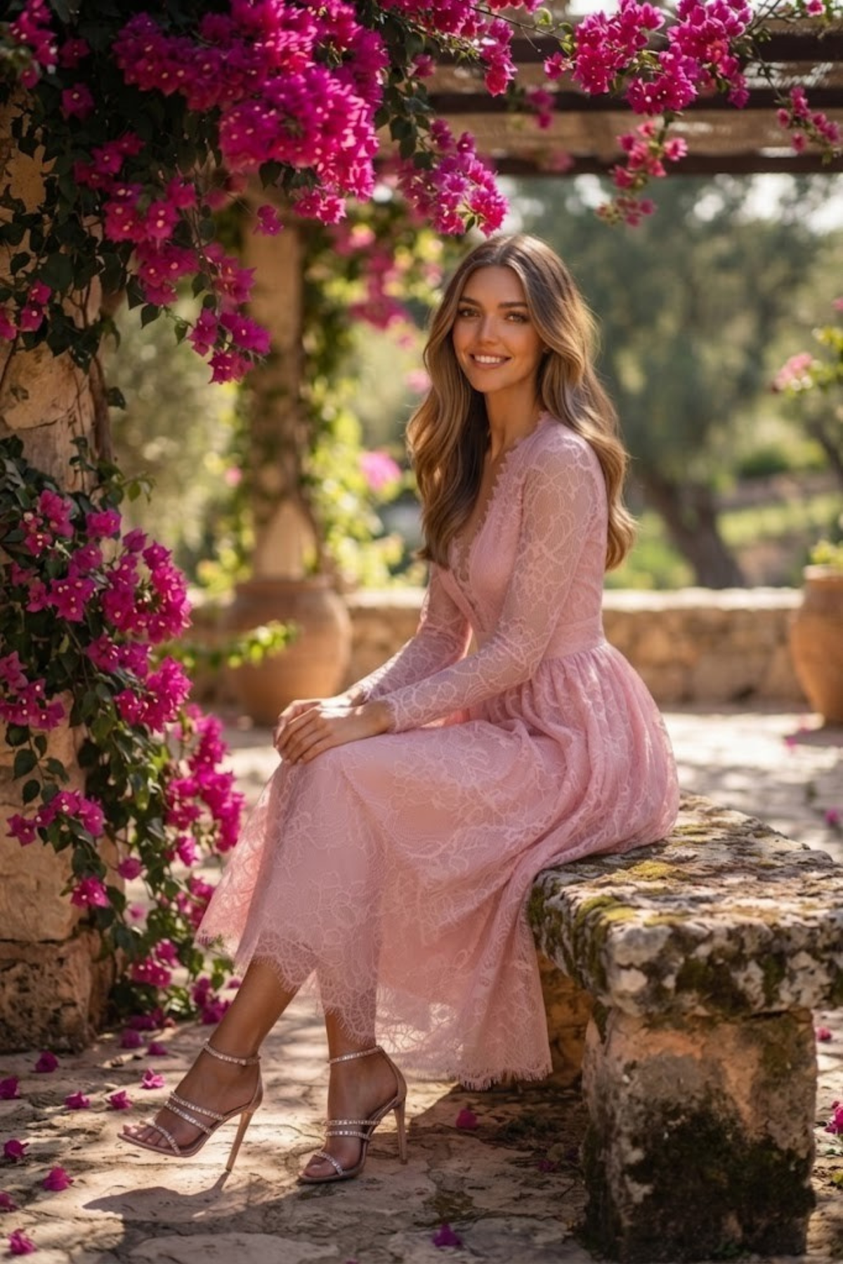 Abito svasato rosa Moda-Mania in pizzo con profondo scollo a V, abito corto elegante e femminile, dettagli delicati in pizzo.