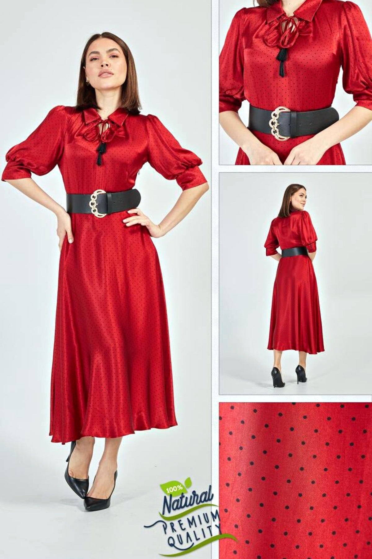 Abito midi svasato rosso a pois neri di Moda-Mania con cintura nera, lunghezza media, tessuto leggero e stile elegante.