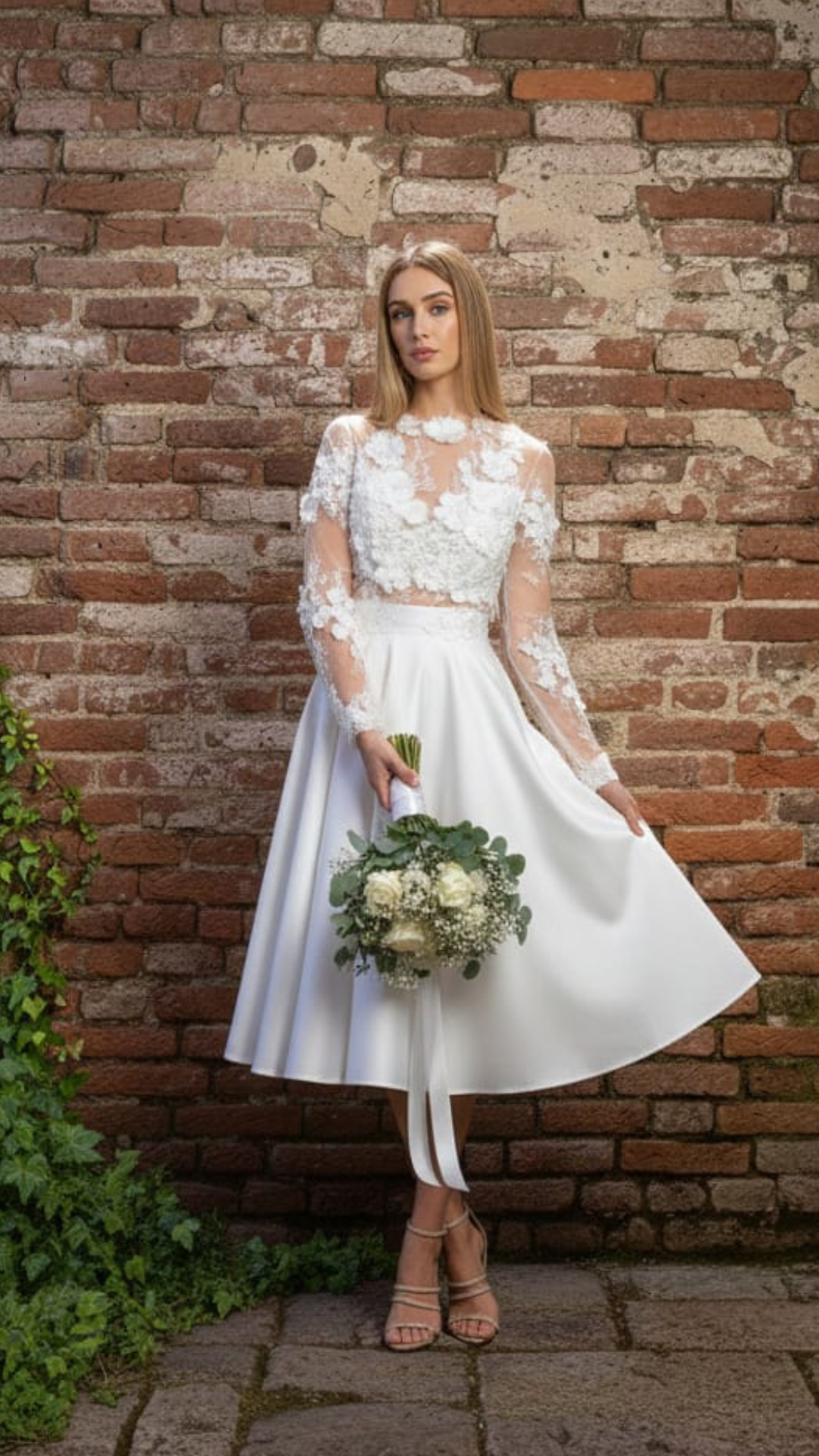 Abito corti svasato bianco Moda-Mania con corpetto a manica lunga in tulle floreale 3D e gonna in taffetà.