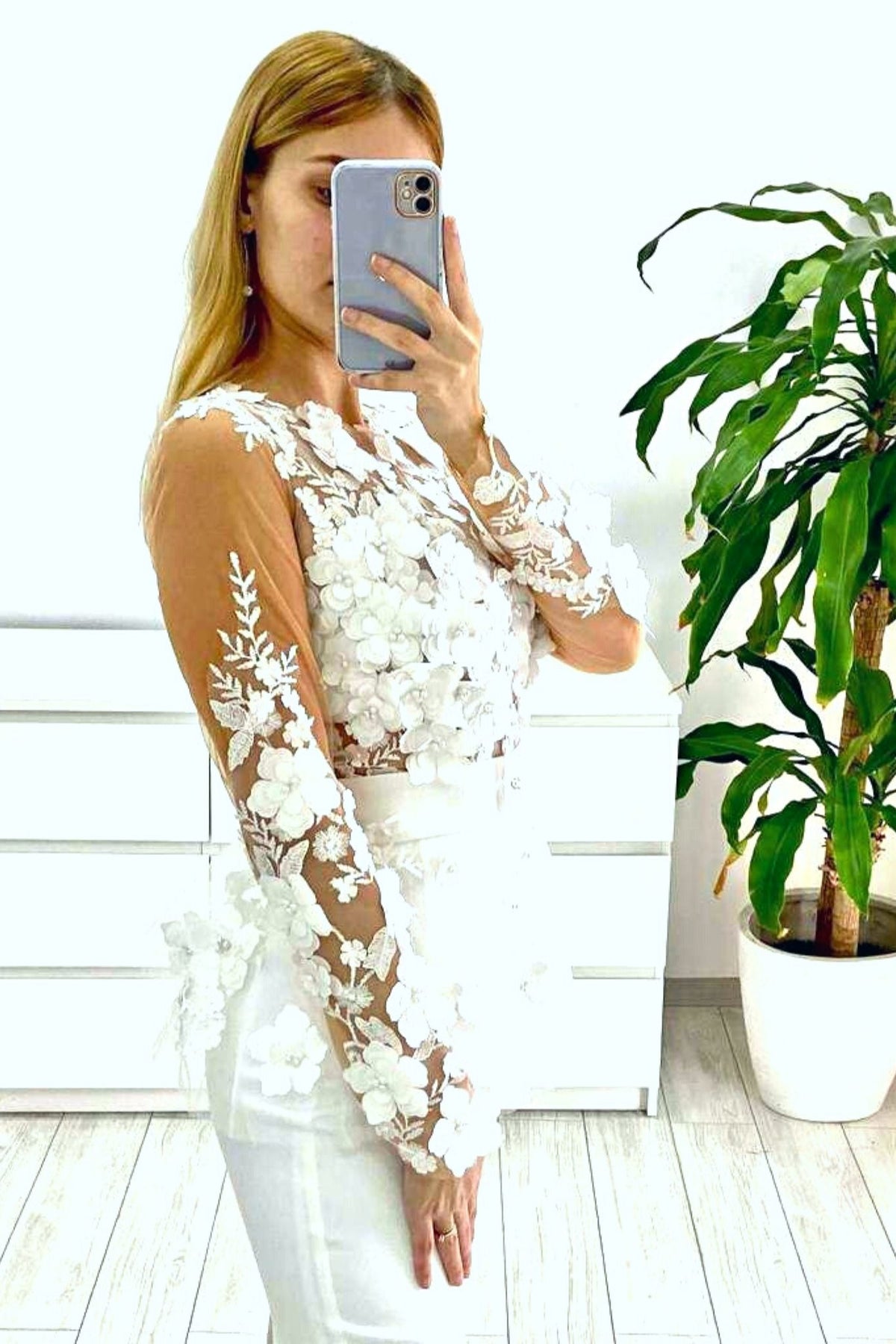 Abito tubino bianco Moda-Mania con corpetto in tulle a fiori 3D e balza in vita, abiti corti eleganti e femminili