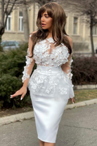 Abito tubino bianco Moda-Mania con corpetto in tulle a fiori 3D e balza in vita, abiti corti eleganti e femminili