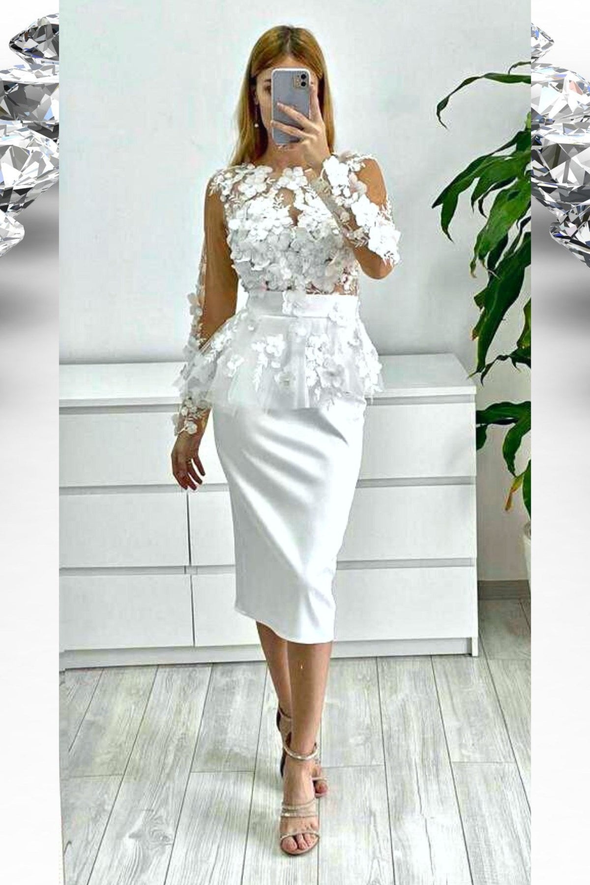 Abito tubino bianco Moda-Mania con corpetto in tulle a fiori 3D e balza in vita, abiti corti elegante e femminile