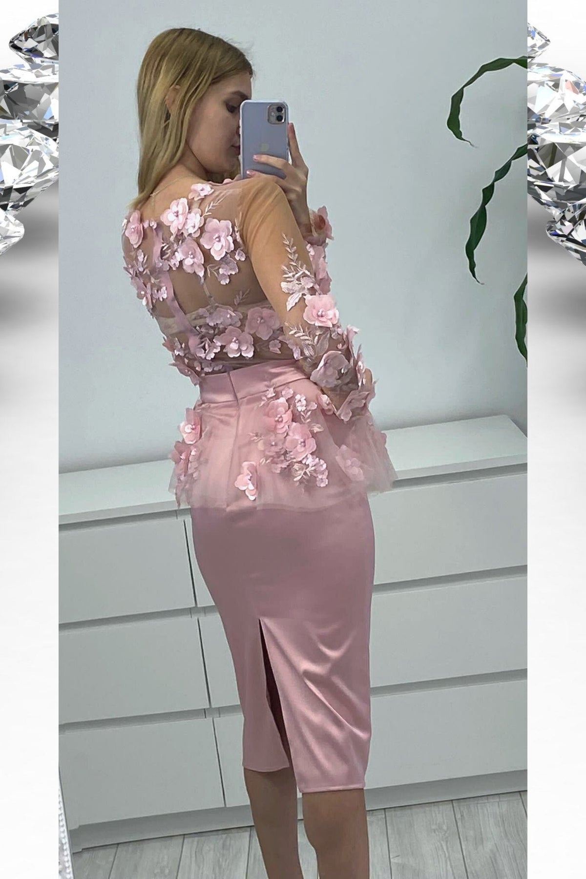 Abito tubino rosa Moda-Mania con corpetto in tulle a fiori 3D e balza in vita, abiti corti eleganti e femminili.