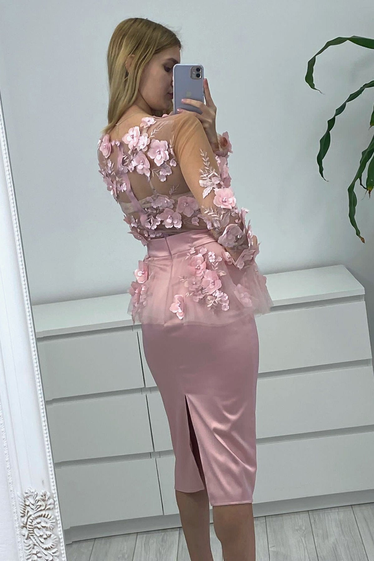 Abito tubino rosa Moda-Mania con corpetto in tulle a fiori 3D e balza in vita, vestito corto elegante e femminile