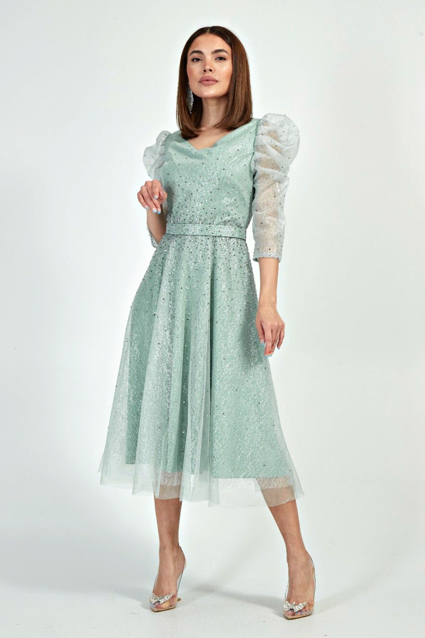 Abito verde menta da cerimonia lunghezza midi in tulle lamè e