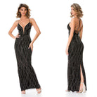 Abito lungo nero Bby con scollatura profonda e schiena scoperta con dettaglio di incrocio, abbigliamento elegante e sofisticato.