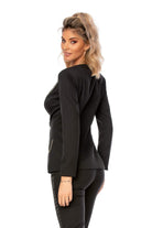 Completo tailleur nero elegante Bby con rifiniture in strass, revers V e accessorio con piume, abbigliamento sofisticato femminile