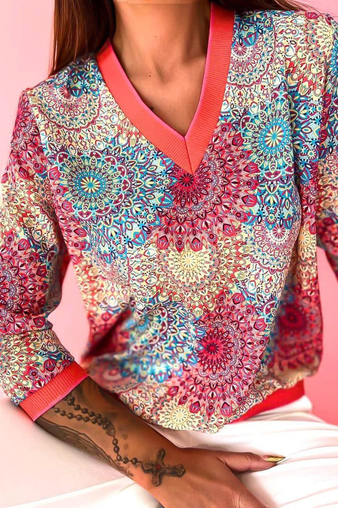 Blusa casual a fantasia multicolore damascata con scollo a V e bordi elasticizzati