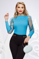 Camicia blu turchese elegante Fofy con maniche a sbuffo in tulle con perline e polsini alti, vestibilità raffinata e dettagli femminili