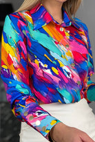 Camicia elegante Moda-Mania a fantasia multicolore blu celeste, giallo e arancione con bottoni dorati, tessuto leggero e stile raffinato