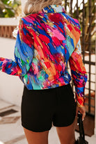 Camicia elegante Moda-Mania a fantasia multicolore blu celeste, giallo e arancione con bottoni dorati, tessuto leggero e stile raffinato