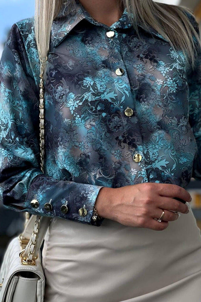 Camicia elegante a micro fantasia floreale predominante turchese con bottoni dorati
